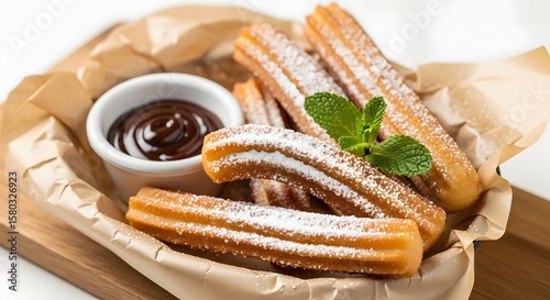 Delicious Churros with Chocolate Dip and Mint Garnish