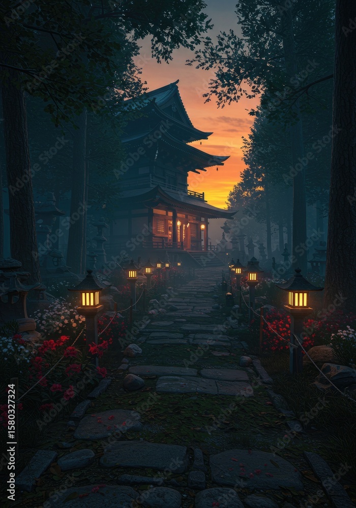 Fototapeta premium A misty, flower-lined forest path leads to a glowing ancient Japanese temple, rendered in cinematic detail. 