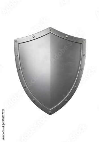 Isolated 3D Rendered Silver Metal Shield for Protection in Transparent BG
