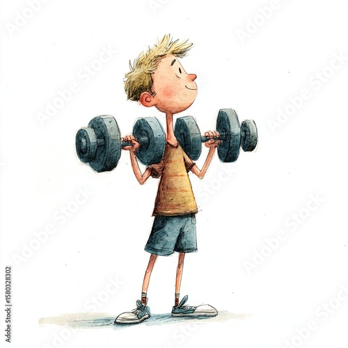Happy boy lifting dumbbells in a cartoon illustration. Kid exercising for health and strength. Cute artwork for children.