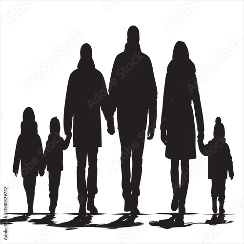 Family Silhouettes Walking Together - Abstract Vector Art