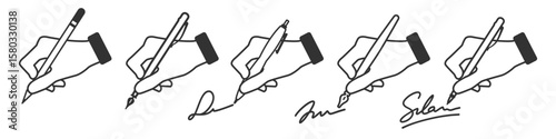 Signature icon set. Hand with pen drawing autograph or signing document. Vector illustration on transparent background.