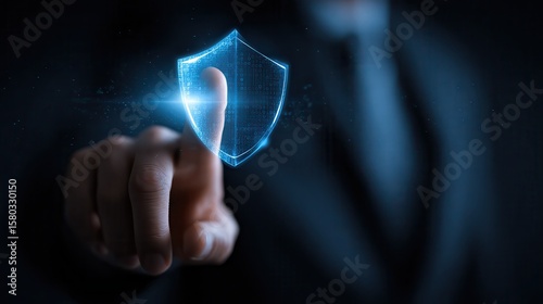 Software as a Service. Businessman hand touches a shield, SaaS security protection solution. The concept represents safeguarding data integrity, customer privacy, business.