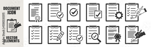 Document icons set. Paper file, checklist, certificate, clipboard with gear, checkmark, pencil, magnifier. Legal and approval signs. Vector illustration on transparent background.