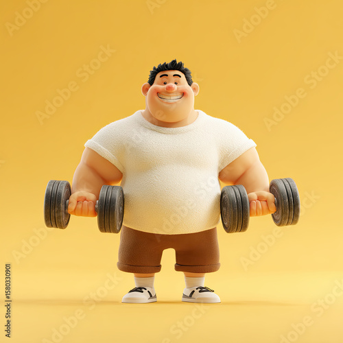 A happy cartoon man exercising with dumbbells, showcasing fitness and a healthy lifestyle. Digital illustration for wellbeing.