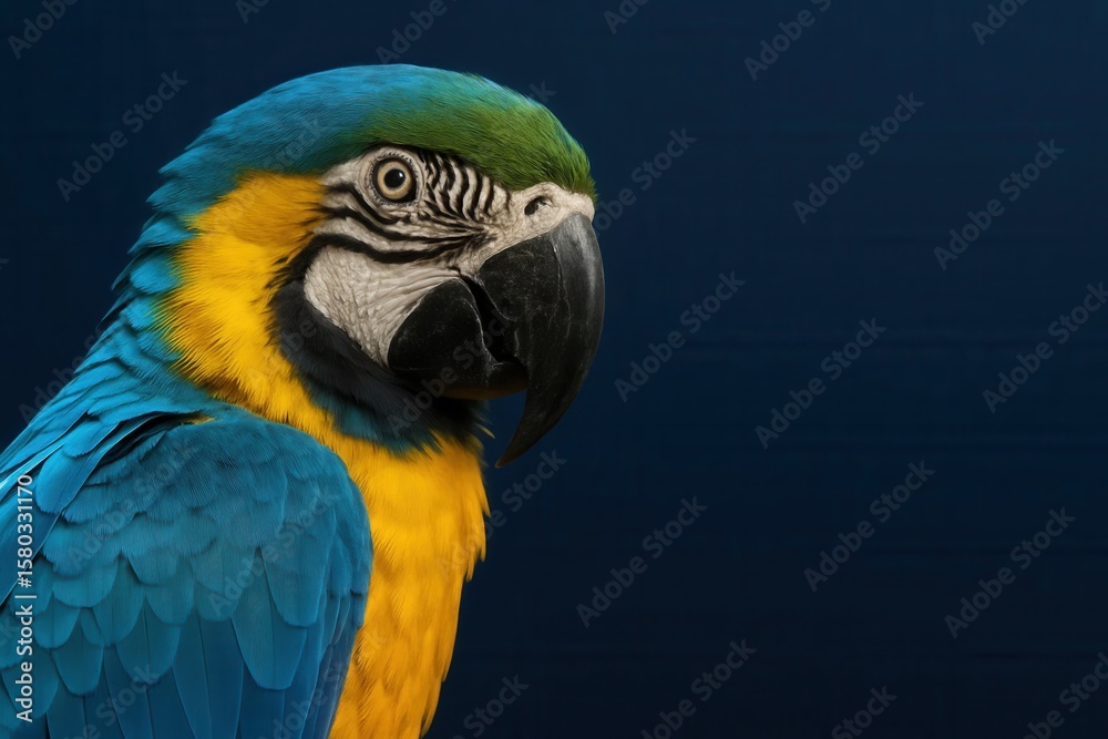Fototapeta premium A vibrant blue parrot with striking yellow and black feathers stands out against a dark blue background, its gaze directed towards something unseen