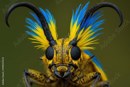 A vibrant butterfly with iridescent wings showcases its striking blue and yellow headpiece against a dark green backdrop, capturing the essence of nature's intricate beauty