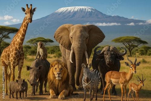 Fototapeta Naklejka Na Ścianę i Meble -  A group of animals standing together in front of a mountain