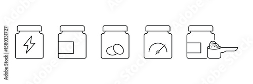 Supplement jar icon set with lightning capsule scoop meter label nutrition powder outline style in clean vector illustration.