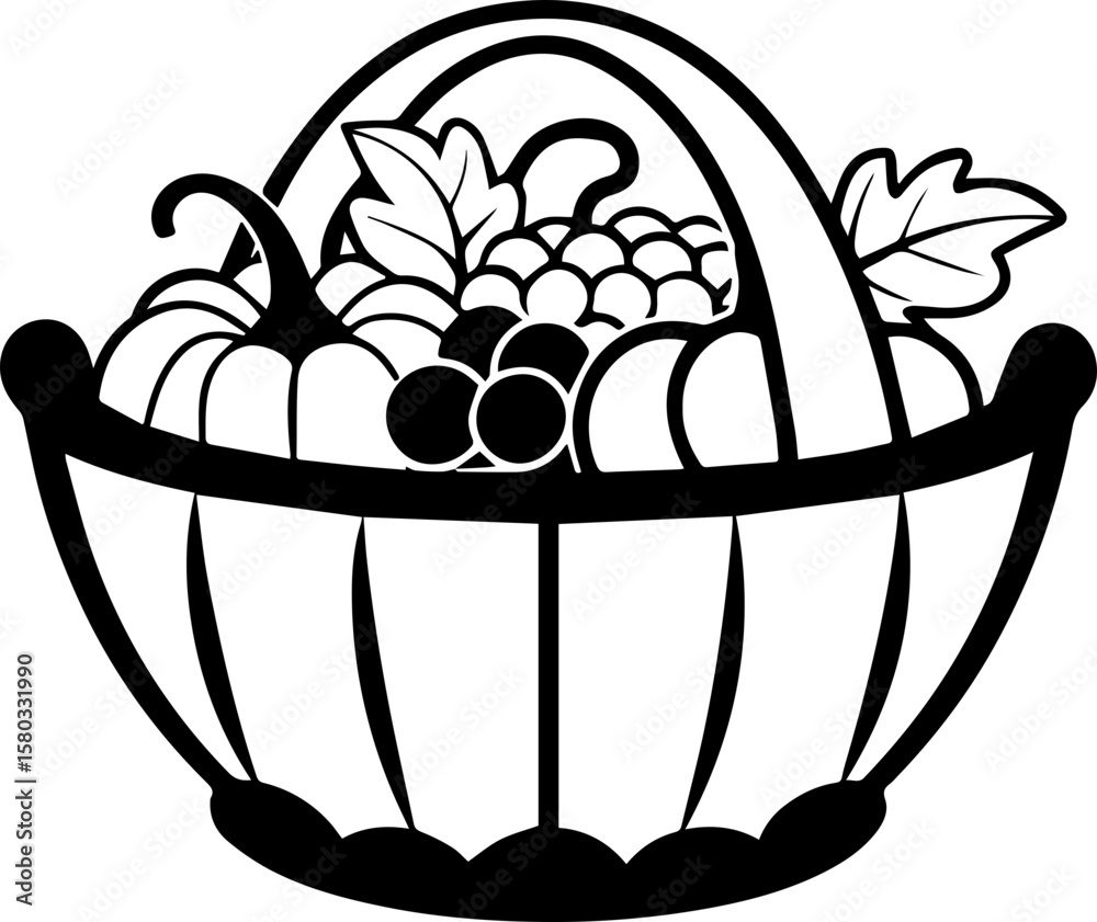 Fototapeta premium Fruit and vegetables in a basket, SVG with clean lines.Black and White Illustration of a Fruit Basket Design