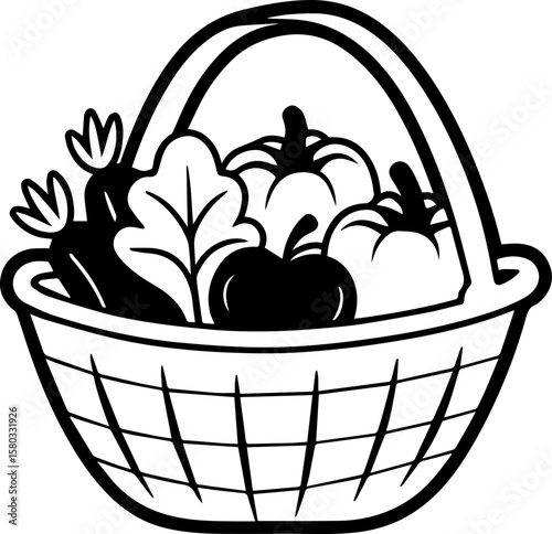 Fruit and vegetables in a basket, SVG with clean lines.Basket Filled With Fresh Vegetables and Leafy Greens