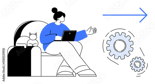 Woman seated on a couch with a tablet, cat beside her, and gear elements pointing to forward motion. Ideal for teamwork, productivity, innovation, strategy, workflow progress technology. A simple