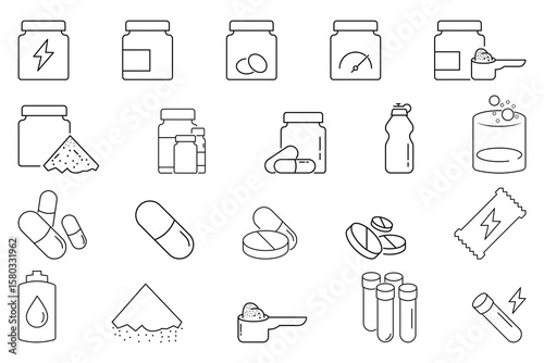 Medical nutrition supplement capsule vitamin tablet energy drink protein powder icon vector illustration for healthcare and fitness design.