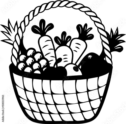 Fruit and vegetables in a basket, SVG with clean lines.Fresh Vegetables in a Rustic Basket with Detailed Texture