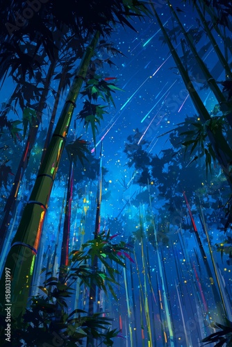 Tropical palm trees at night in a forest with moonlight illuminating the leaves