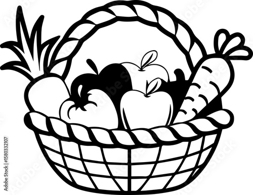 Fruit and vegetables in a basket, SVG with clean lines.Black and White Illustration of a Fruit and Vegetable Basket