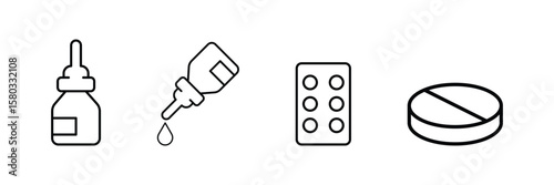 Eye drop tablet pill blister pack medicine bottle icon vector illustration for pharmaceutical healthcare treatment and clinical medical packaging design.
