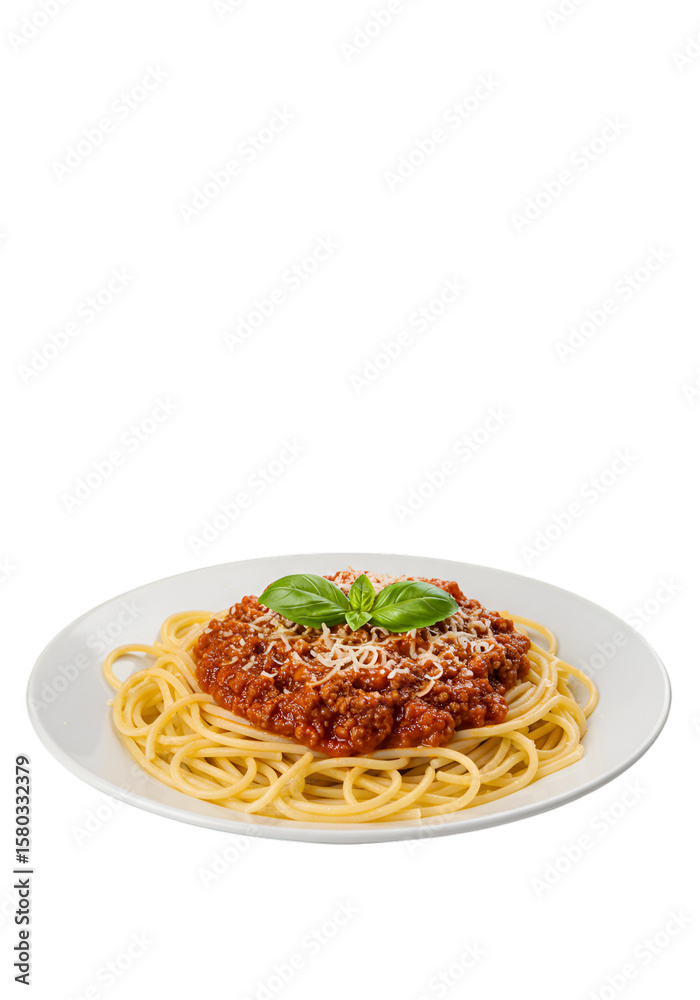 Fototapeta premium Isolated Spaghetti Bolognese with Basil and Parmesan on Plate Dish