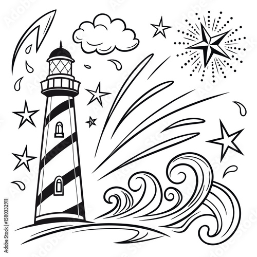 Nautical Vector Illustration A Lighthouse Amidst Stars, Clouds, Streaks, and Waves in a Seafaring Artistic Style