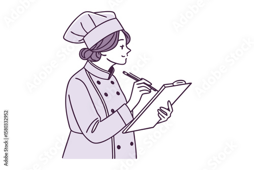 A chef in a traditional uniform carefully writes notes on a clipboard with a pen