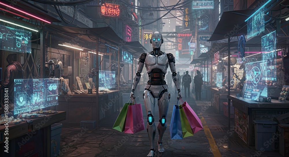 Obraz premium Futuristic Robot Shopper: Neon-Lit Market Scene with Shopping Bags