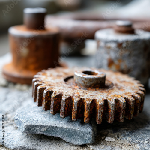 Rusty gears on rocks convey industrial nostalgia.