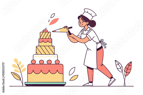 Joyful baker decorates a tall layered cake with a piping bag creating a sweet masterpiece