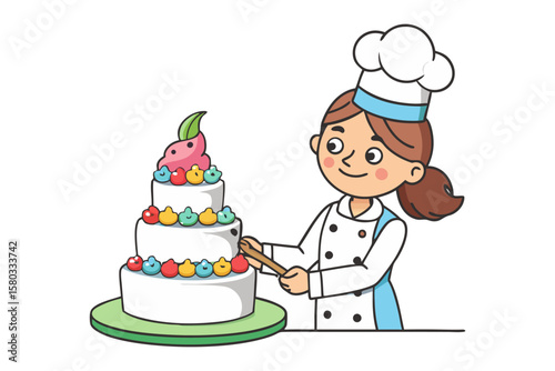 Cute cartoon chef decorating a colorful tiered cake with frosting and small candies on a white background