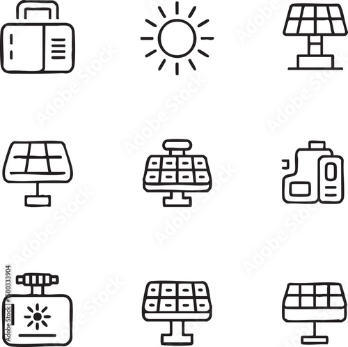 A set of 9 minimalist black line art icons depicting solar energy equipment and the sun solar panel icon