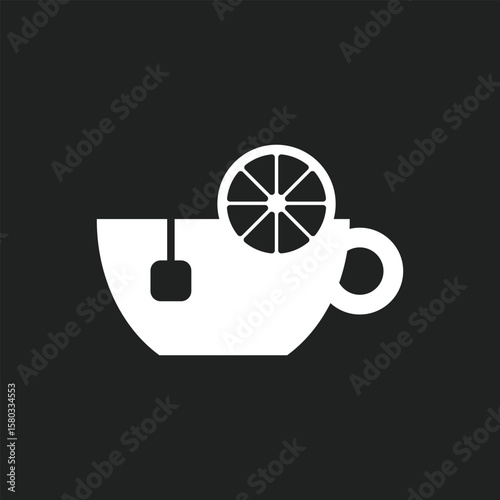 White teacup silhouette, lemon slice garnish, teabag tag, centered on black background, minimalist design, flat, graphic, clean, simple, calm, and inviting.
