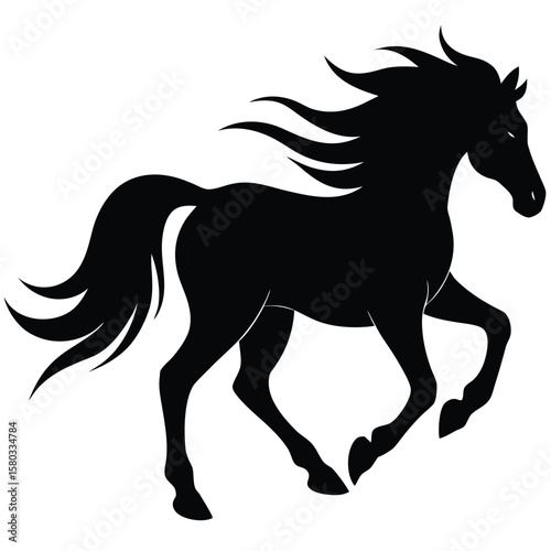 Black Silhouette of a Galloping Horse with Flowing Mane and Tail on White