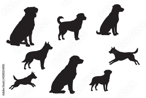 Black Silhouettes of Dogs Set. Canine Breeds and Poses Vector Clipart