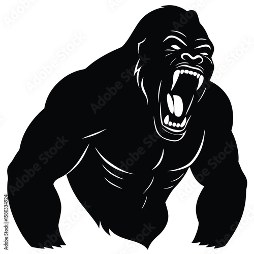 Black Silhouette of Aggressive Gorilla with Open Mouth Showing Teeth, Illustration Style