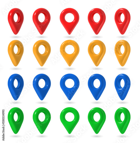 3d map pin. Multi colored plastic map push pins, red and blue, yellow and green point markers in different positions. Place position pointers vector GPS location icons.