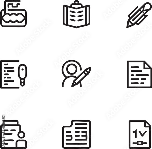 Black and white hand drawn icon set for writing and documentation writing icon document icon