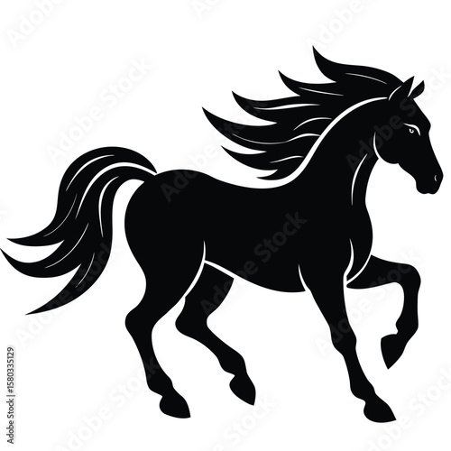 Elegant Black Horse Silhouette Galloping with Flowing Mane on a White Background