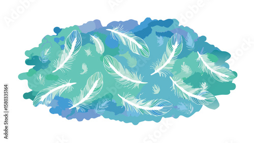 Watercolor background with teal and blue hues and scattered white feathers creating a soft texture design