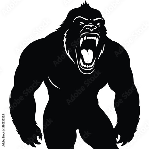 Menacing Gorilla Silhouette with Bared Fangs, Powerful Stance, and Raised Head Crest