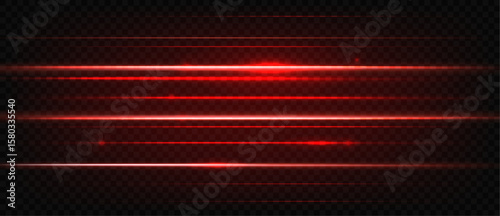 Red laser light. Glowing horizontal bright neon laser rays, safety system, hi tech concept. Flare light effect, lazer scanner. Nightclub party vector isolated texture.