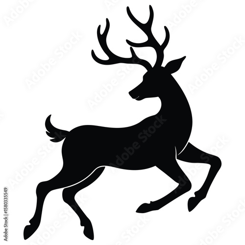 Silhouette Illustration of a Reindeer Leaping Forward, Animal Design with Antlers,