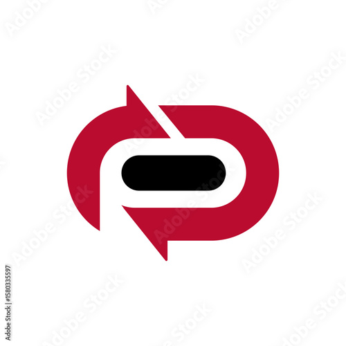 An abstract oval-shaped logo with a central black horizontal bar, surrounded by red curved elements and arrows, creating a dynamic 'P' or recycling symbol.