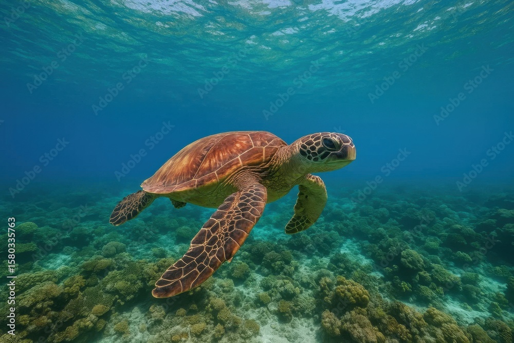 Obraz premium A lone sea turtle gracefully navigates the vibrant coral reefs beneath the clear blue waters of the ocean