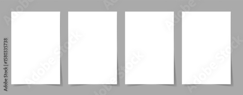 Blank A4 paper sheet. White blank vertical rectangle pages with realistic wall drop shadows. Poster and picture mockup, notepaper, letter piece template. Vector isolated set.