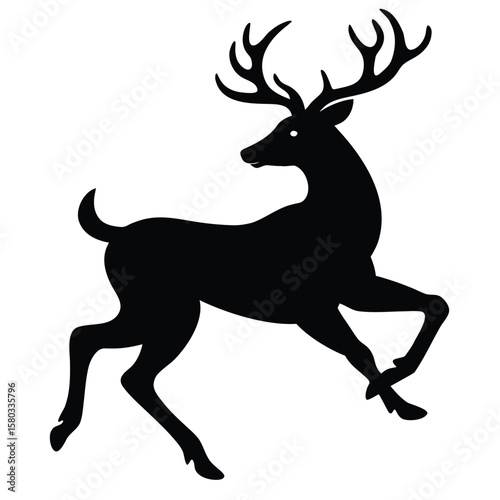 Striking Black Silhouette of a Leaping Reindeer with Antlers Against White Space