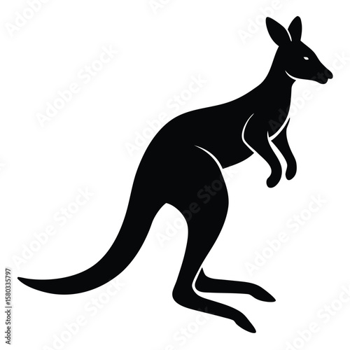 Striking Black Silhouette Illustration of a Jumping Kangaroo Against Clean White Backdrop