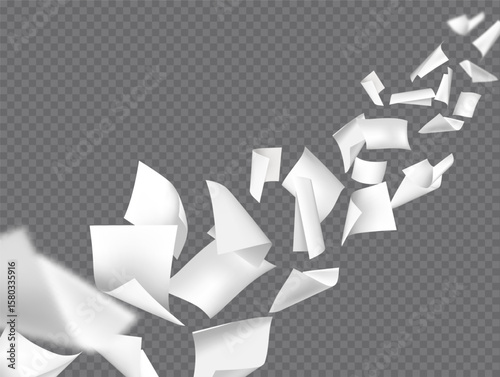 Curled paper sheet flying. Empty papers floating, 3D realistic throwing office A4 document, notebook pages with wind blow, scatter files in perspective. Vector background.