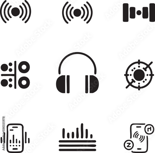 Black and white icon set featuring signal waves headphones sound bars and mobile phone symbols audio
