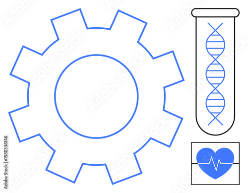 Gear symbol, DNA in a test tube, and heart pulse representing healthcare, medicine, genetics, research, technology integration, innovation and biotech advancements. Ideal for science health