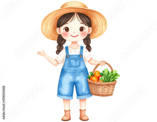 Cute cartoon farmer kid illustration. Watercolor style. Cartoon character illustration.