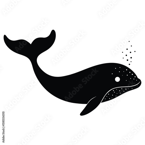 Black and White Whale Silhouette Illustration with Bubbles Under the Sea Motif
